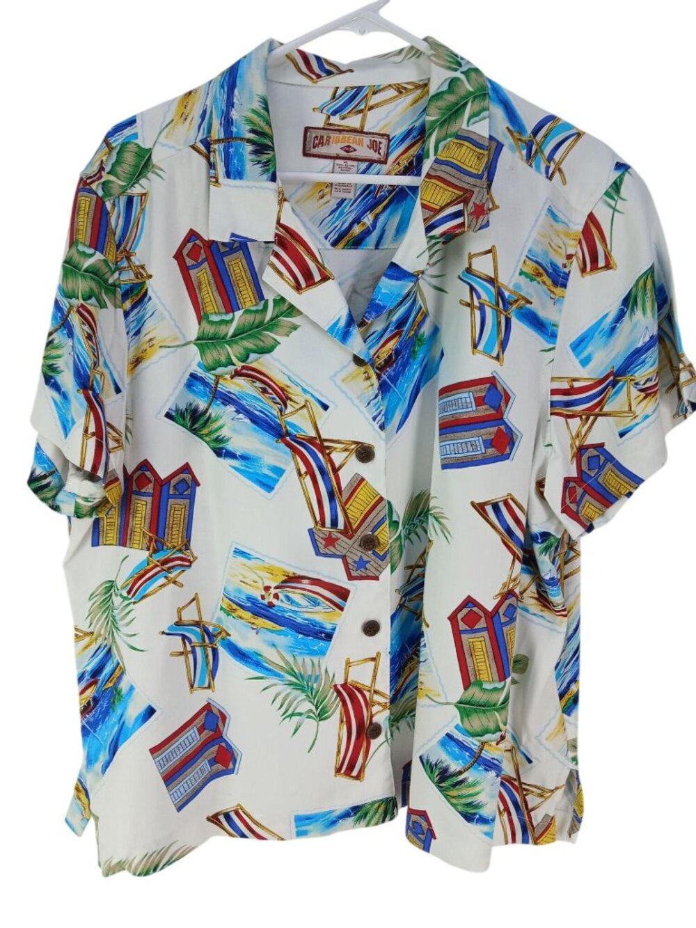 Caribbean Joe Womens XL Hawaiian Shirt Beach Print Rayon Button-Up Camp Collar
